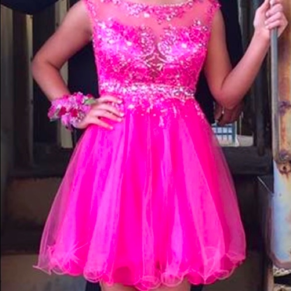 Hot pink short jeweled two piece prom dress